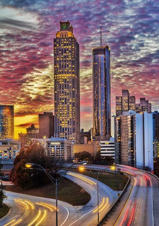 Busy highway in Atlanta at sunset. 